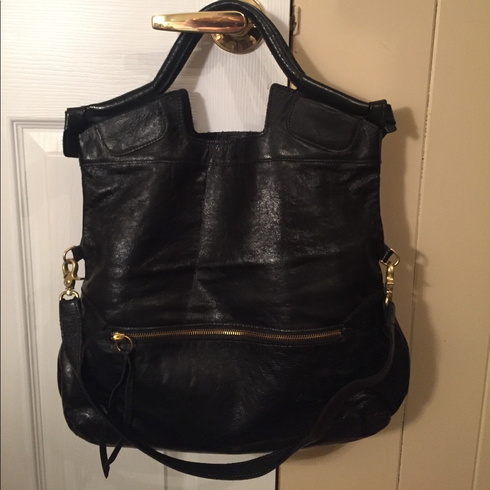 Foley + Corinna Black Leather Tote with Gold Zipper
